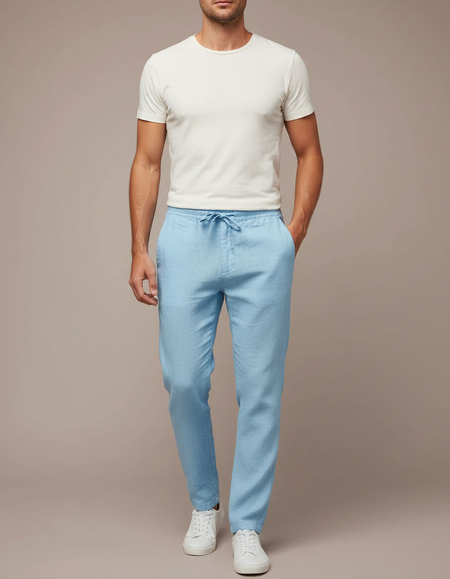 Pantalon Chinois Bleu Ciel Lin Décontracté Cordon Homme