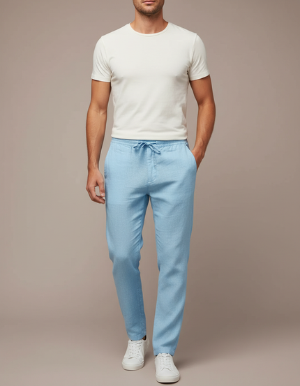 Pantalon Chinois Bleu Ciel Lin Décontracté Cordon Homme