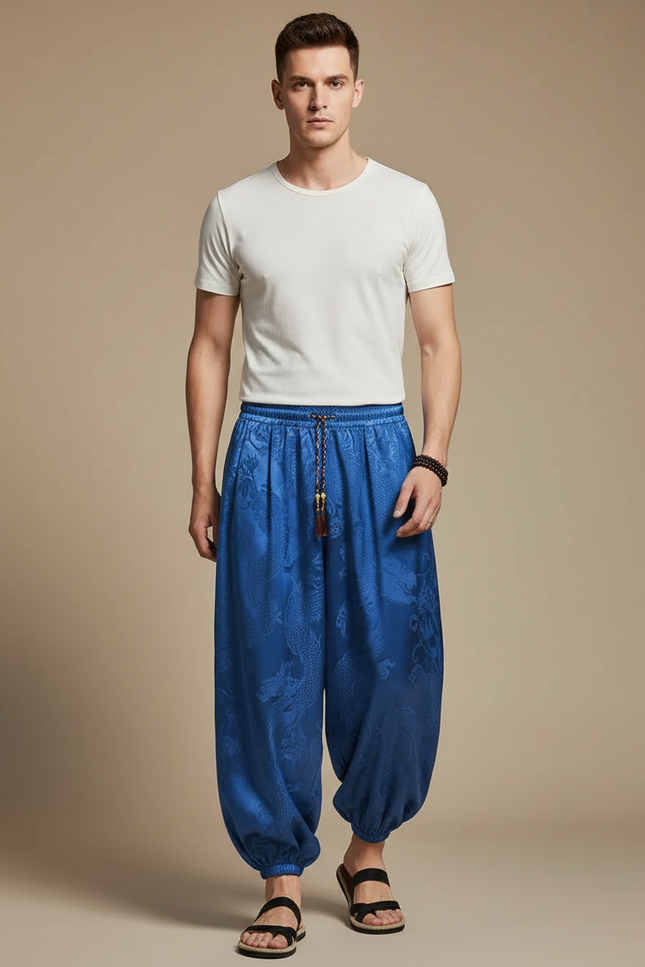 Pantalon Chinois Bleu Satin Dragon Ample Harem