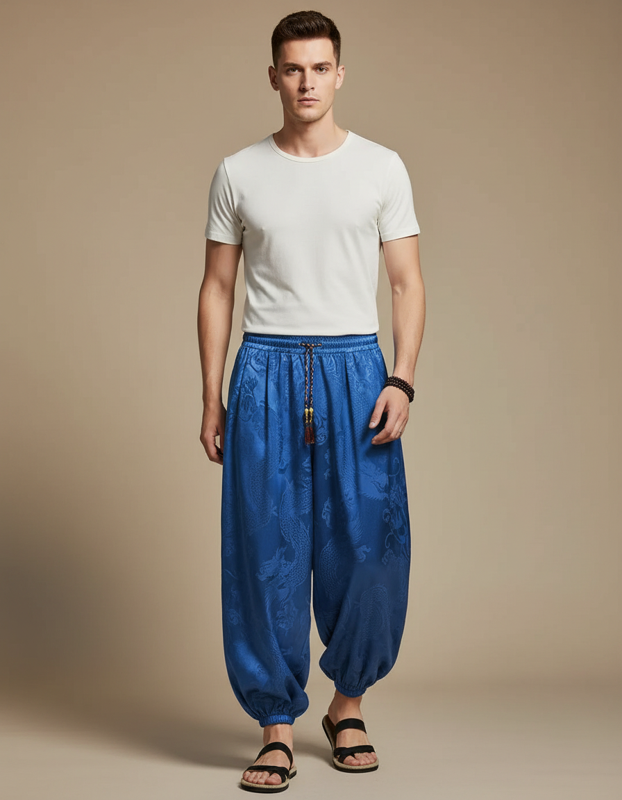 Pantalon Chinois Bleu Satin Dragon Ample Harem