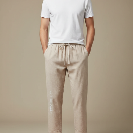 Pantalon Chinois Beige Lin Ample Décontracté Homme Coton