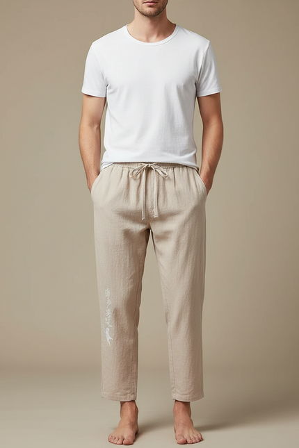 Pantalon Chinois Beige Lin Ample Décontracté Homme Coton