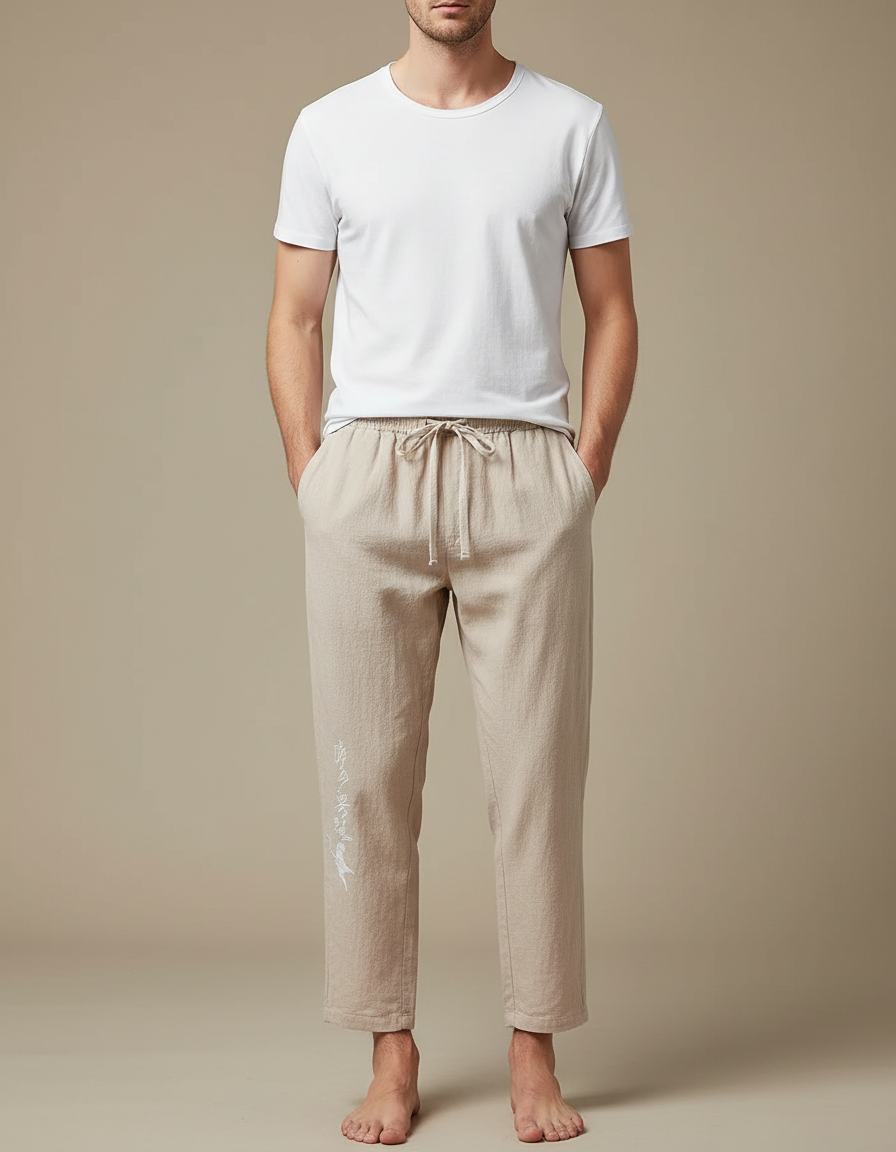 Pantalon Chinois Beige Lin Ample Décontracté Homme Coton