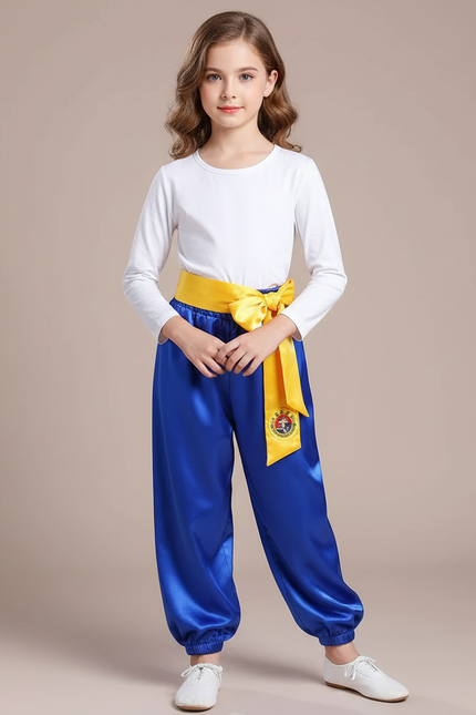 Pantalon Chinois Bleu Satiné Wushu Enfant Fille