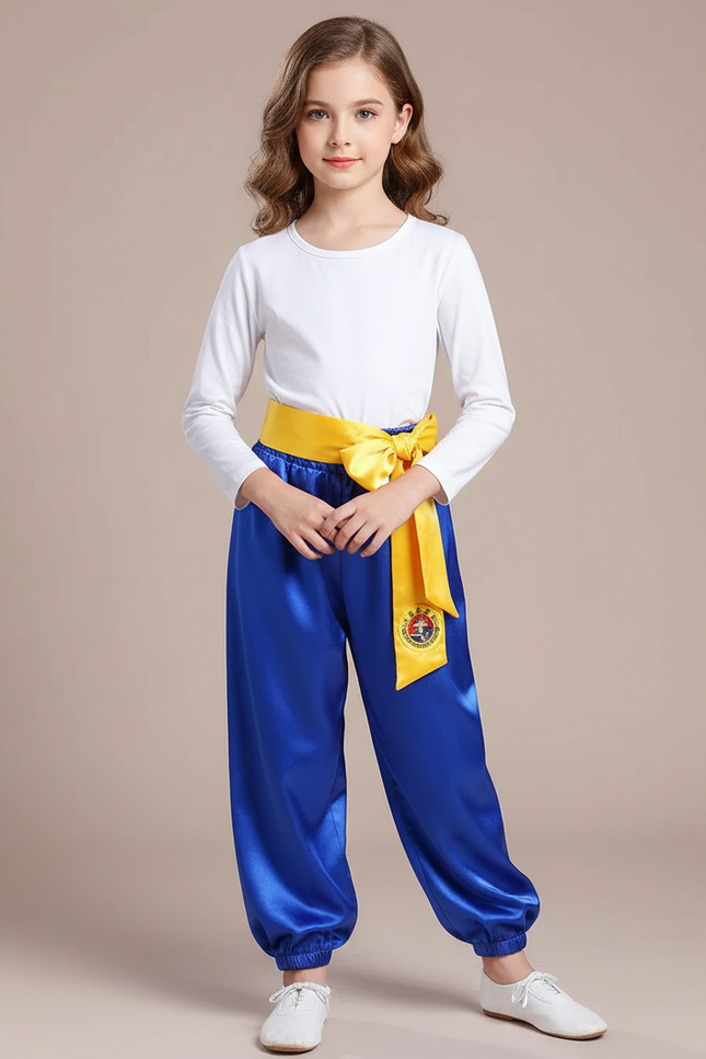 Pantalon Chinois Bleu Satiné Wushu Enfant Fille