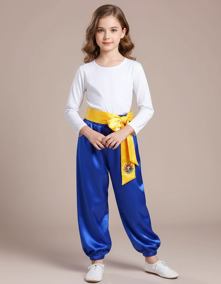 Pantalon Chinois Bleu Satiné Wushu Enfant Fille