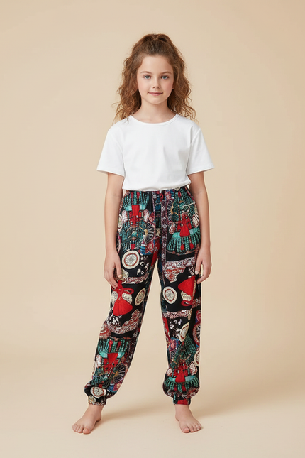 Pantalon Chinois Imprimé Ample Ethnique Bohème Fille - Multicolore Viscose