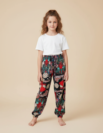 Pantalon Chinois Imprimé Ample Ethnique Bohème Fille - Multicolore Viscose
