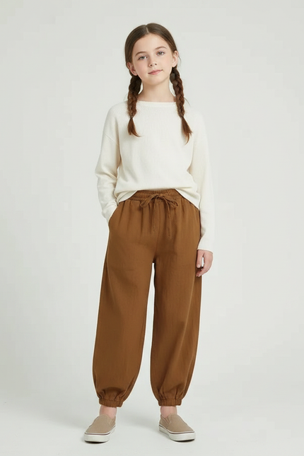 Pantalon Chinois Fille Ample Coton - Marron Toile