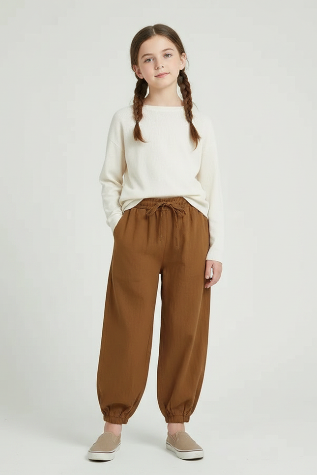 Pantalon Chinois Fille Ample Coton - Marron Toile