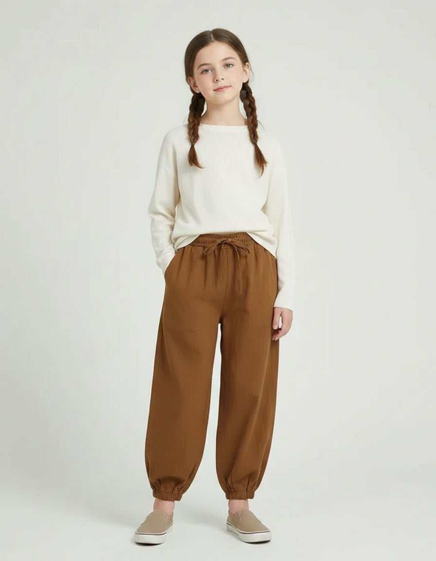 Pantalon Chinois Fille Ample Coton - Marron Toile