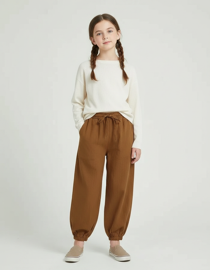 Pantalon Chinois Fille Ample Coton - Marron Toile