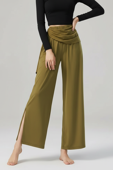Pantalon Chinois Vert Fluide Ample Fendu Femme - Kaki Polyester