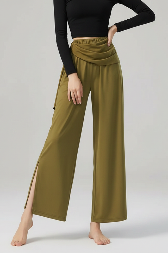 Pantalon Chinois Vert Fluide Ample Fendu Femme - Kaki Polyester