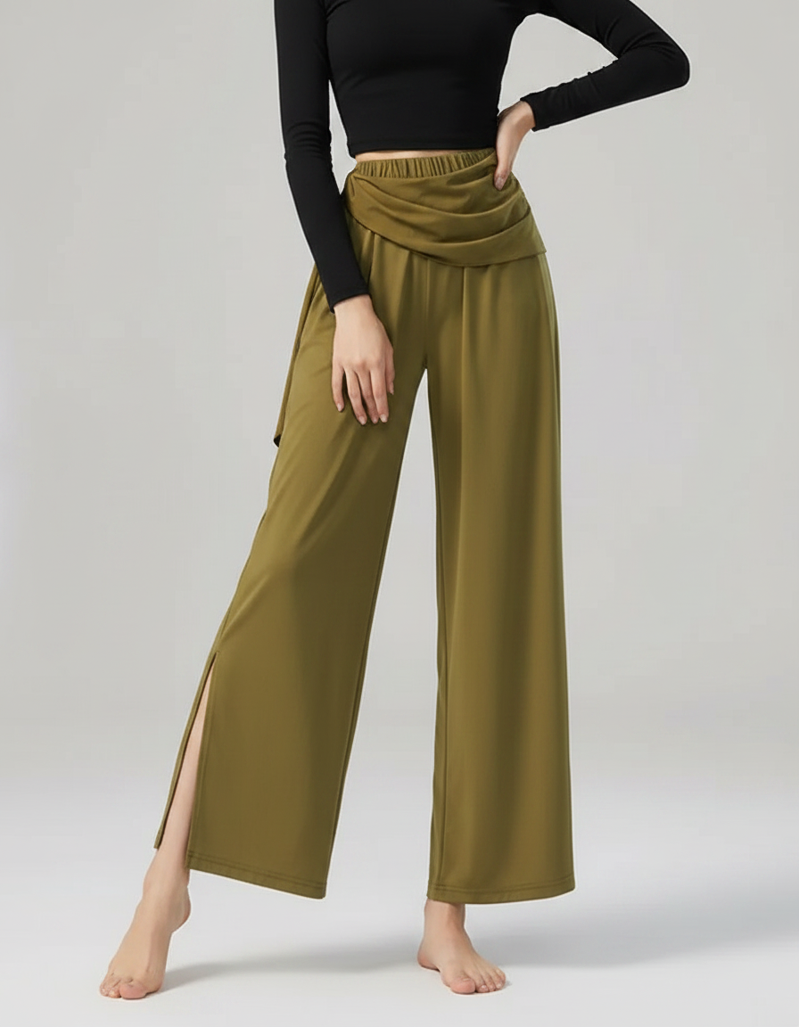 Pantalon Chinois Vert Fluide Ample Fendu Femme - Kaki Polyester