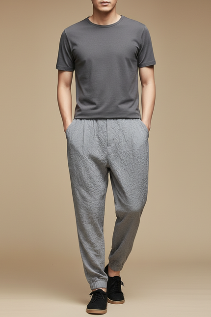Pantalon Chinois Gris Décontracté Fluide Homme Lin Coton