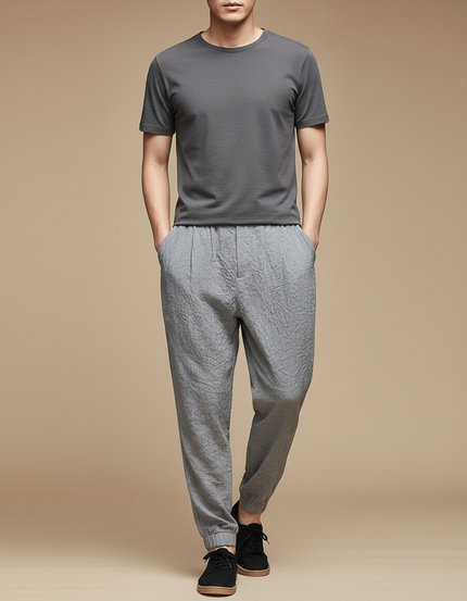 Pantalon Chinois Gris Décontracté Fluide Homme Lin Coton