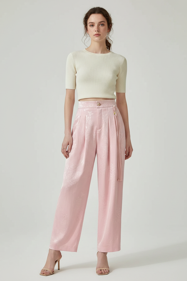 Pantalon Chinois Rose Satin Jacquard Ample Élégant
