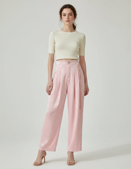 Pantalon Chinois Rose Satin Jacquard Ample Élégant