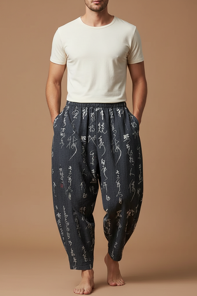 Pantalon Chinois Gris Ample Calligraphie Fluide Homme - Lin