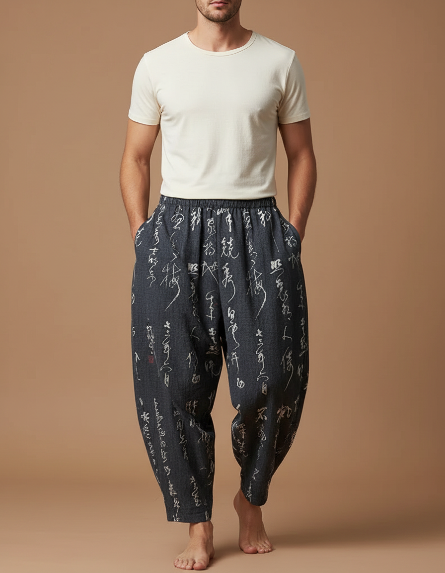 Pantalon Chinois Gris Ample Calligraphie Fluide Homme - Lin