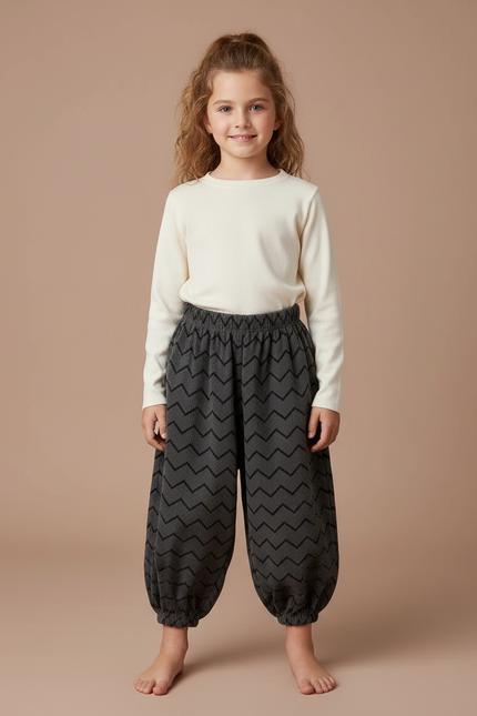Pantalon Chinois Gris Côtelé Chevrons Bouffant Enfant - Cordé