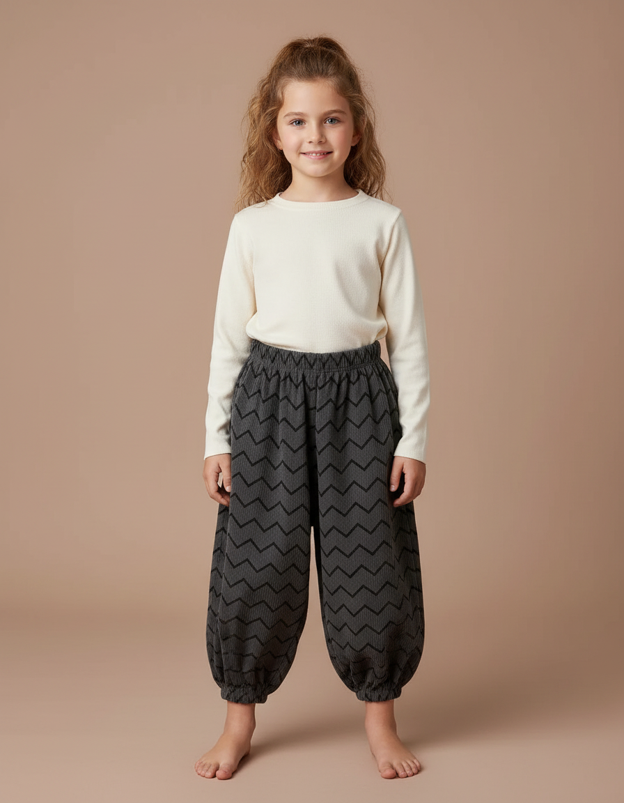 Pantalon Chinois Gris Côtelé Chevrons Bouffant Enfant - Cordé