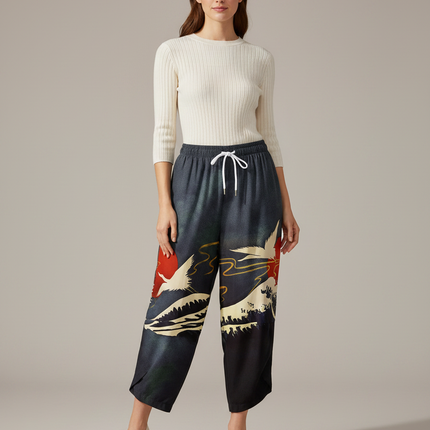 Pantalon Chinois Imprimé Grue Japonaise Fluide Femme - Satin