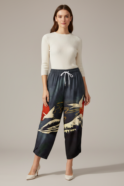 Pantalon Chinois Imprimé Grue Japonaise Fluide Femme - Satin