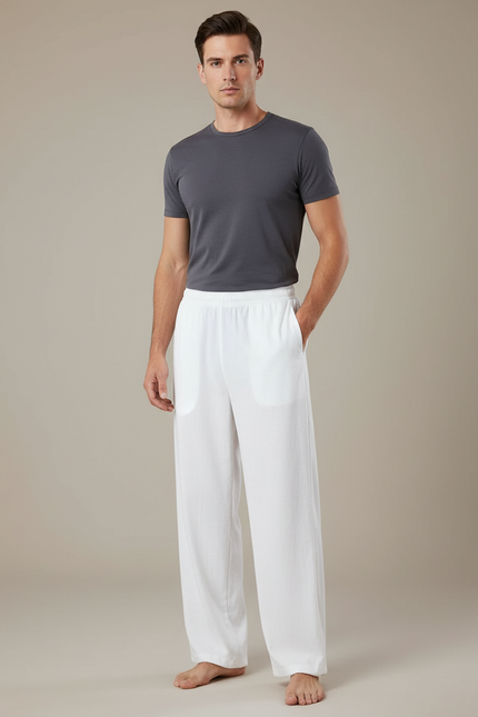Pantalon Chinois Blanc Ample Coton Lin Décontracté