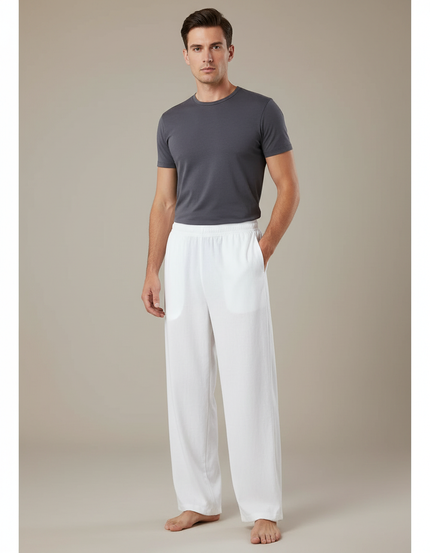 Pantalon Chinois Blanc Ample Coton Lin Décontracté