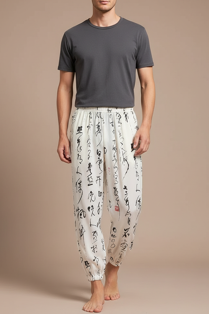 Pantalon Chinois Harem Blanc Calligraphie Fluide Décontracté - Viscose