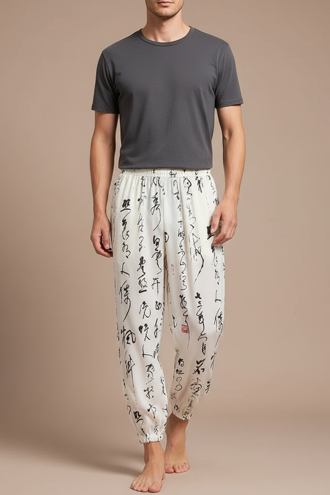 Pantalon Chinois Harem Blanc Calligraphie Fluide Décontracté - Viscose