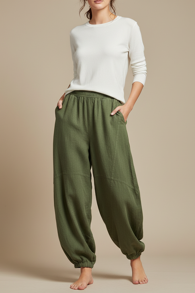 Pantalon Chinois Vert Armée Ample Lin Confortable - Kaki