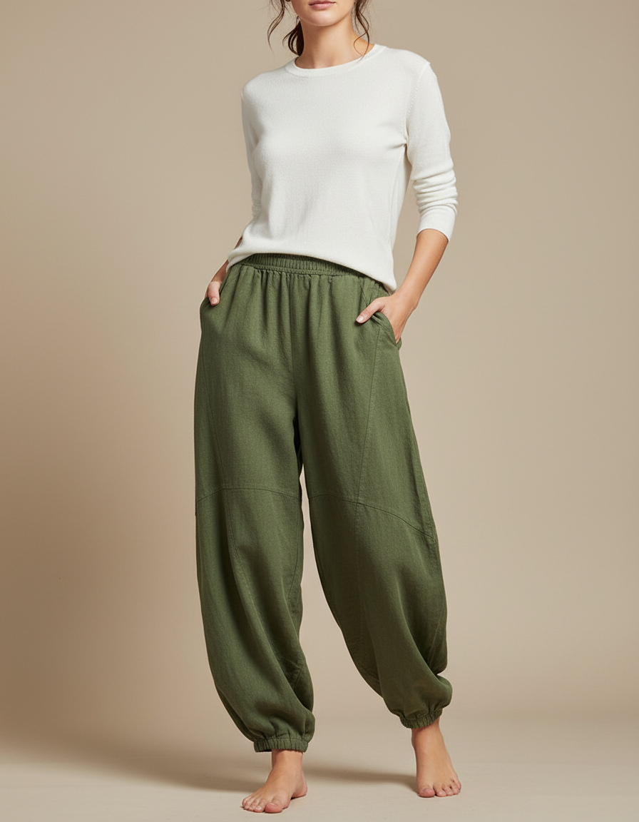 Pantalon Chinois Vert Armée Ample Lin Confortable - Kaki