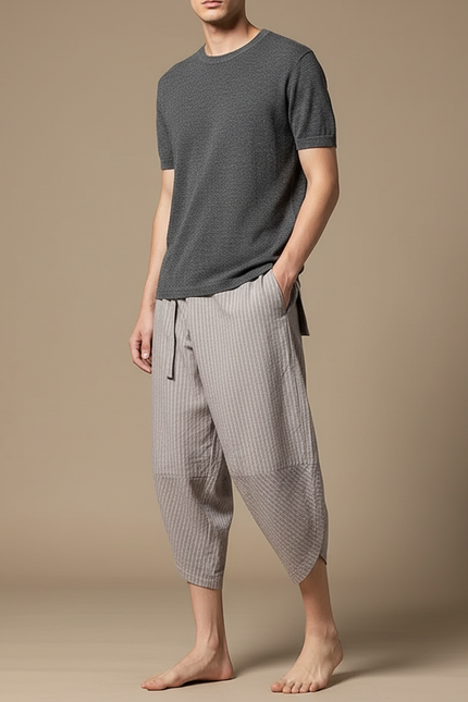 Pantalon Chinois Gris Lin Rayé Ample Homme
