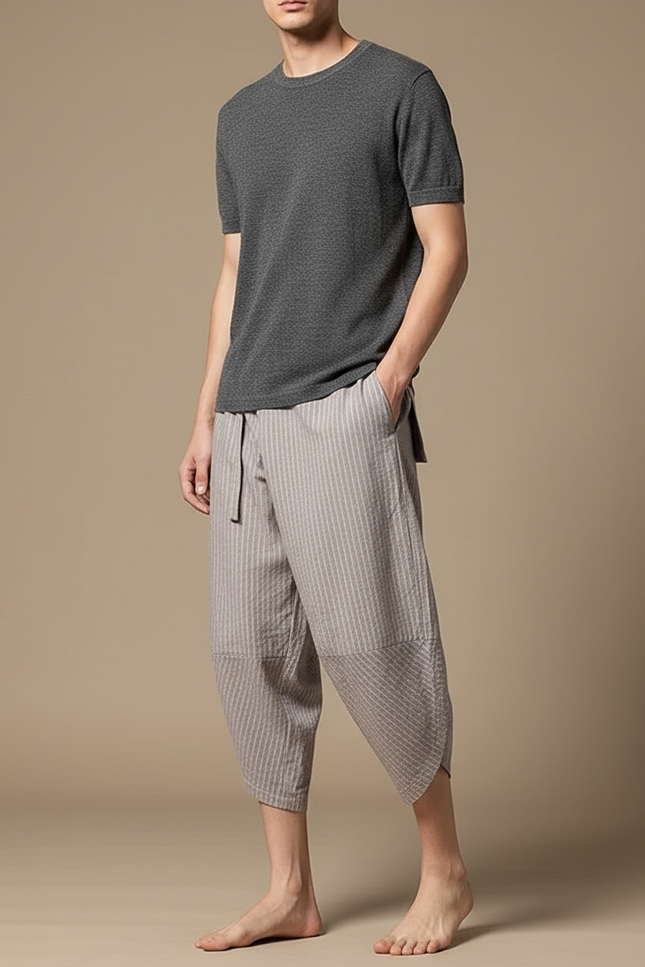 Pantalon Chinois Gris Lin Rayé Ample Homme