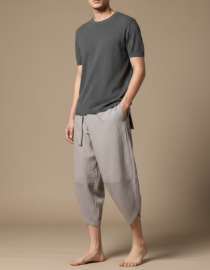 Pantalon Chinois Gris Lin Rayé Ample Homme