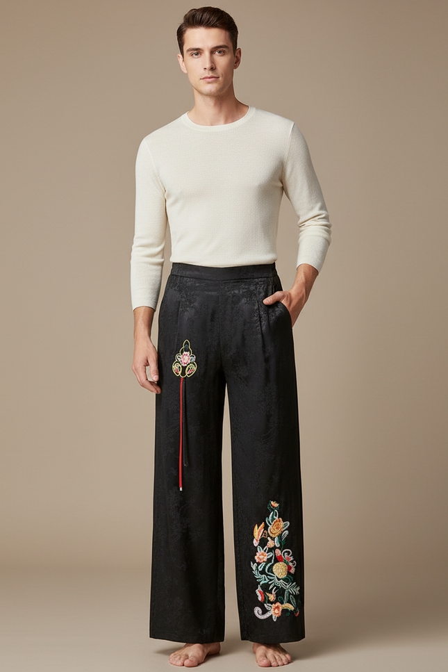 Pantalon Chinois Noir Brodé Ample Jacquard Ethnique - Soie