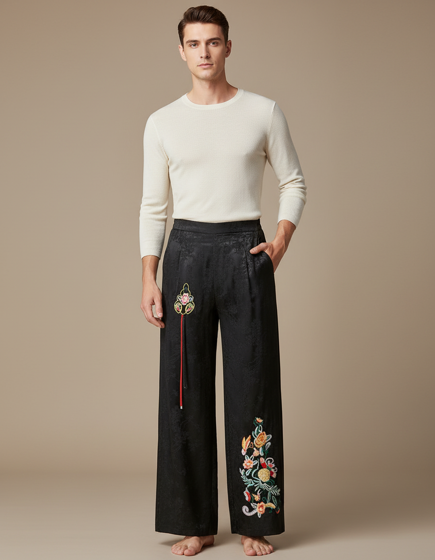Pantalon Chinois Noir Brodé Ample Jacquard Ethnique - Soie