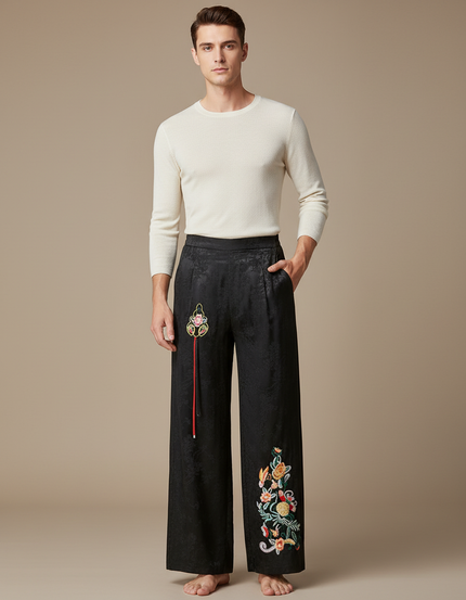 Pantalon Chinois Noir Brodé Ample Jacquard Ethnique - Soie