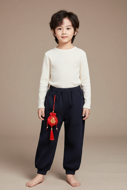 Pantalon Chinois Bleu Marine Côtelé Ample Enfant - Maille