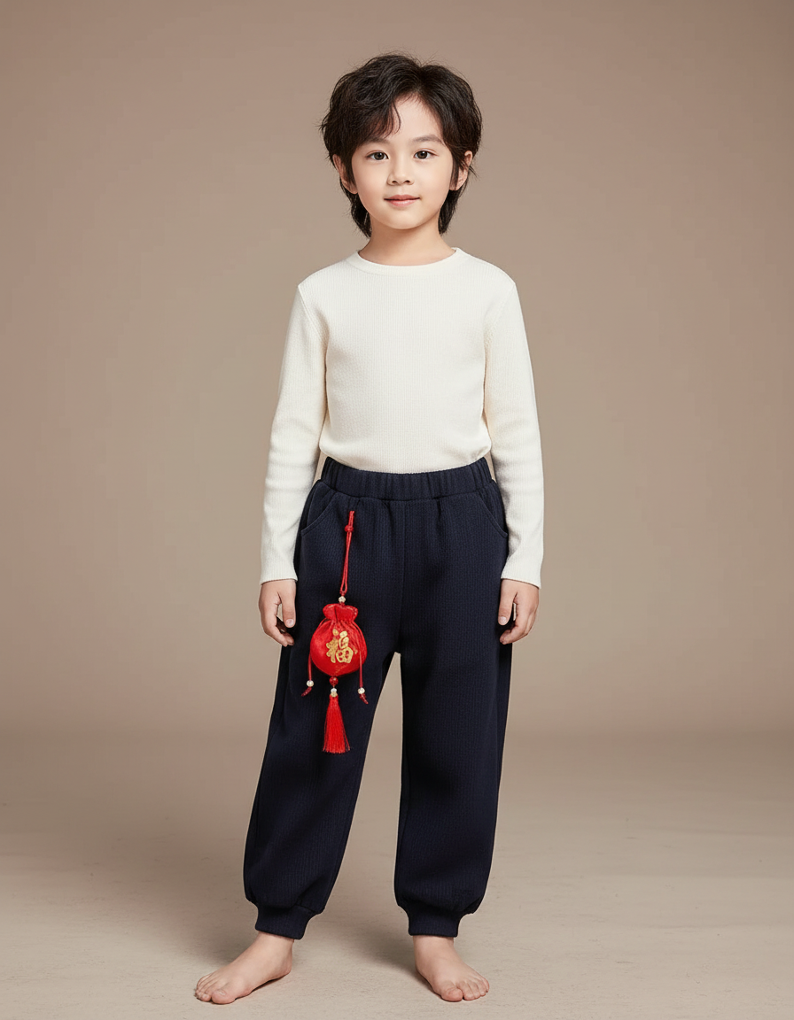 Pantalon Chinois Bleu Marine Côtelé Ample Enfant - Maille