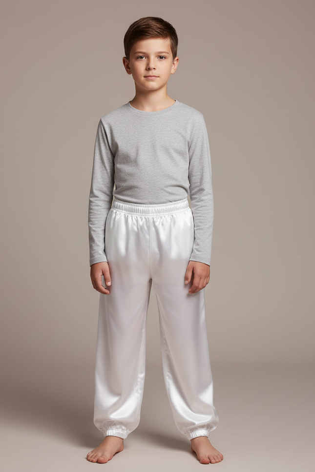 Pantalon Chinois Blanc Satin Ample Enfant Élastiqué