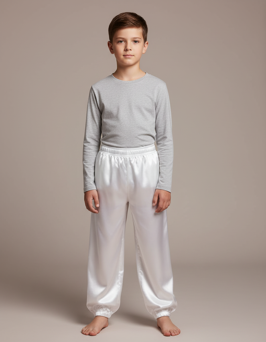 Pantalon Chinois Blanc Satin Ample Enfant Élastiqué