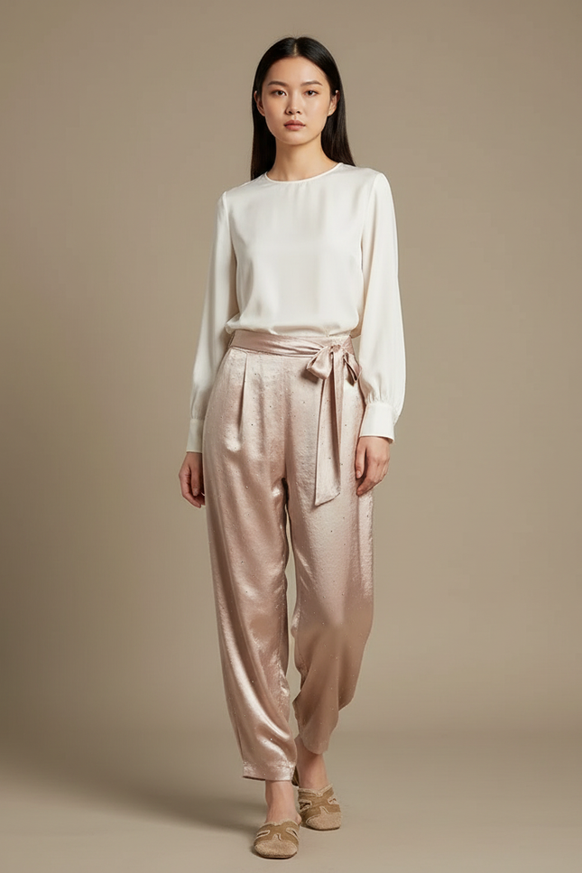 Pantalon Chinois Satin Rose Pailleté Fluide Femme Élégant