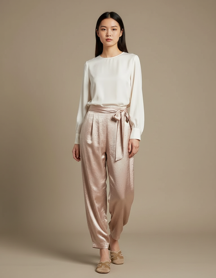 Pantalon Chinois Satin Rose Pailleté Fluide Femme Élégant