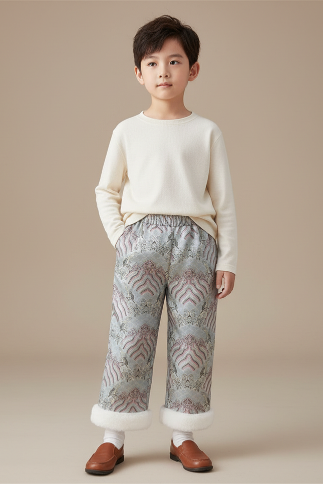 Pantalon Chinois Brocart Motif Hiver Doublé Enfant - Multicolore Satin
