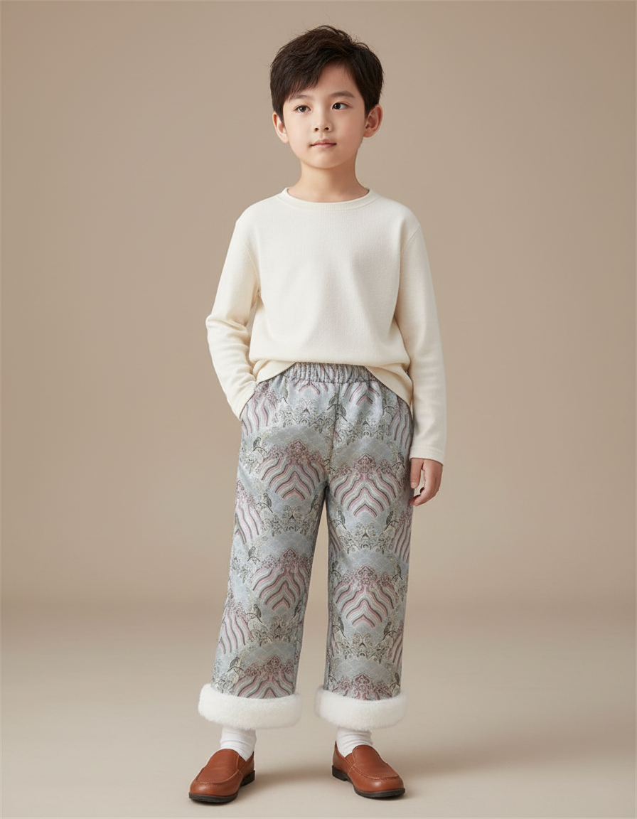 Pantalon Chinois Brocart Motif Hiver Doublé Enfant - Multicolore Satin