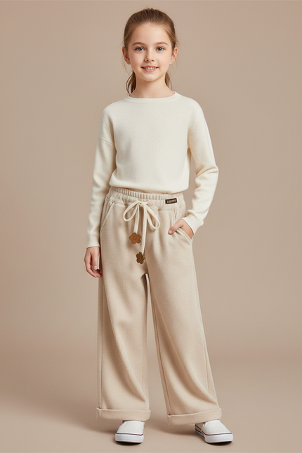 Pantalon Chinois Beige Côtelé Ample Élastiqué Fille - Cordé